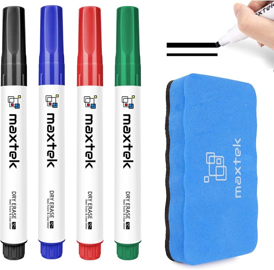 maxtek Dry Erase Markers with Magnetic Eraser, Chisel Tip, 4 Count | Whiteboard Marker Set for Classroom, Office Use Global Recycled Standard