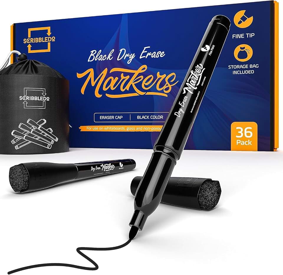 Scribbledo 36-Pack Black Fine Tip Dry Erase Markers with Eraser Cap | Low-Odor Whiteboard Markers for Office, Workplace, Medical &amp; Professional Use
