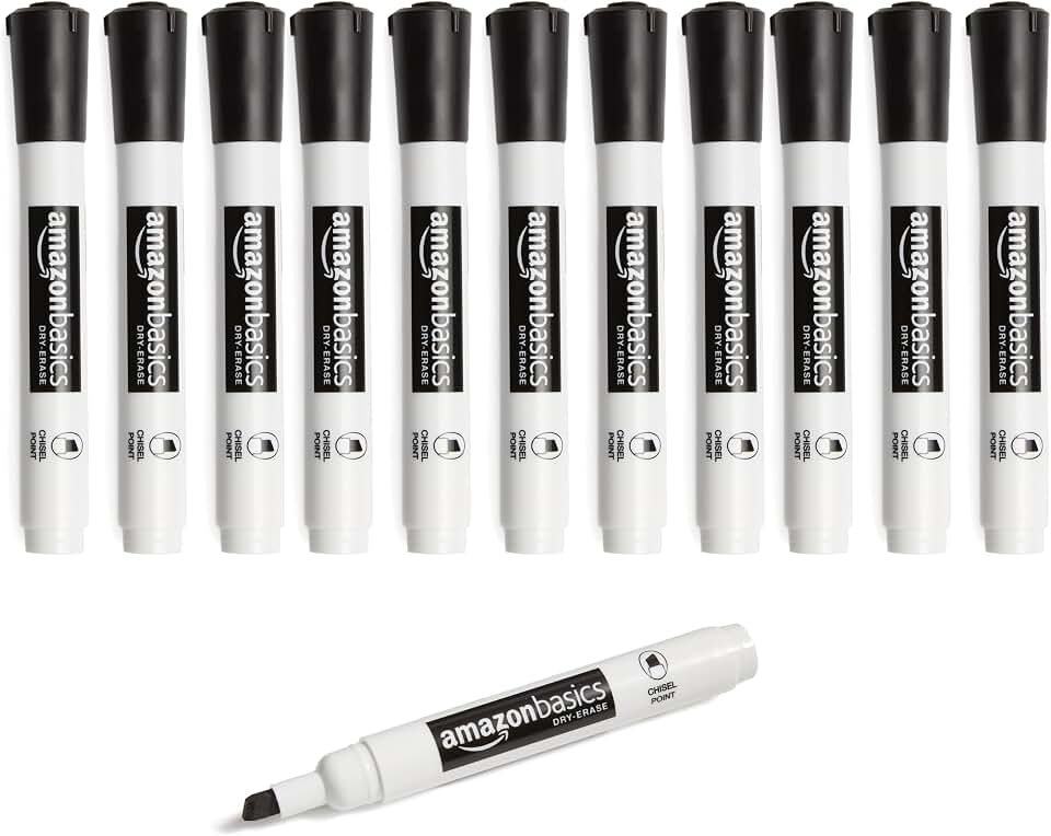 Amazon Basics Lowe-Odor Dry Erase Whiteboard Markers, Chisel Tip, Quick-Dry, Black, 12-Pack