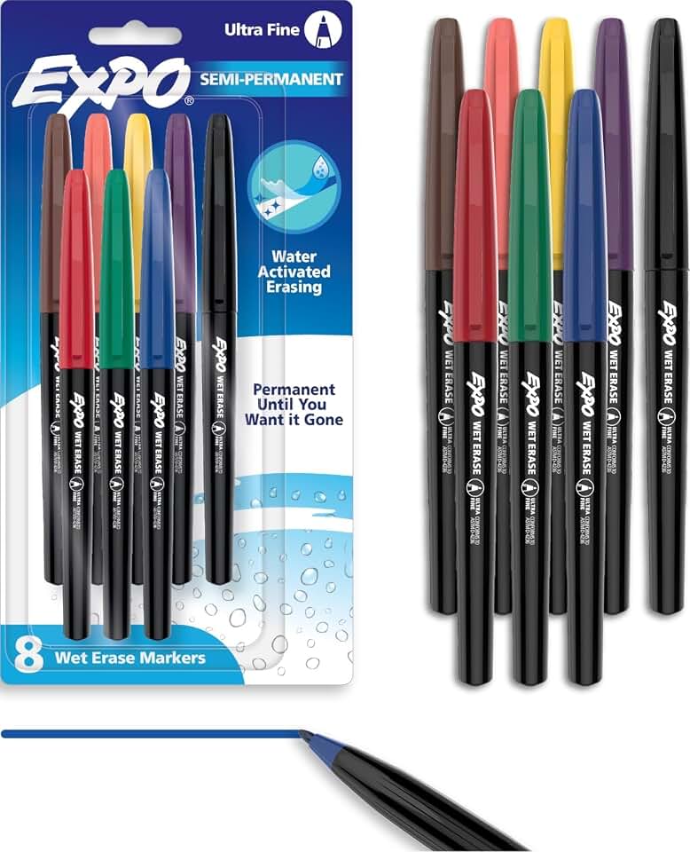 EXPO Vis-a-Vis Wet Erase Markers, Semi-Permanent, Assorted Colors, Ultra Fine Tip, 8 Count - For Writing on Glass, Whiteboards, Mirrors, Calendar, Labeling, Organizing