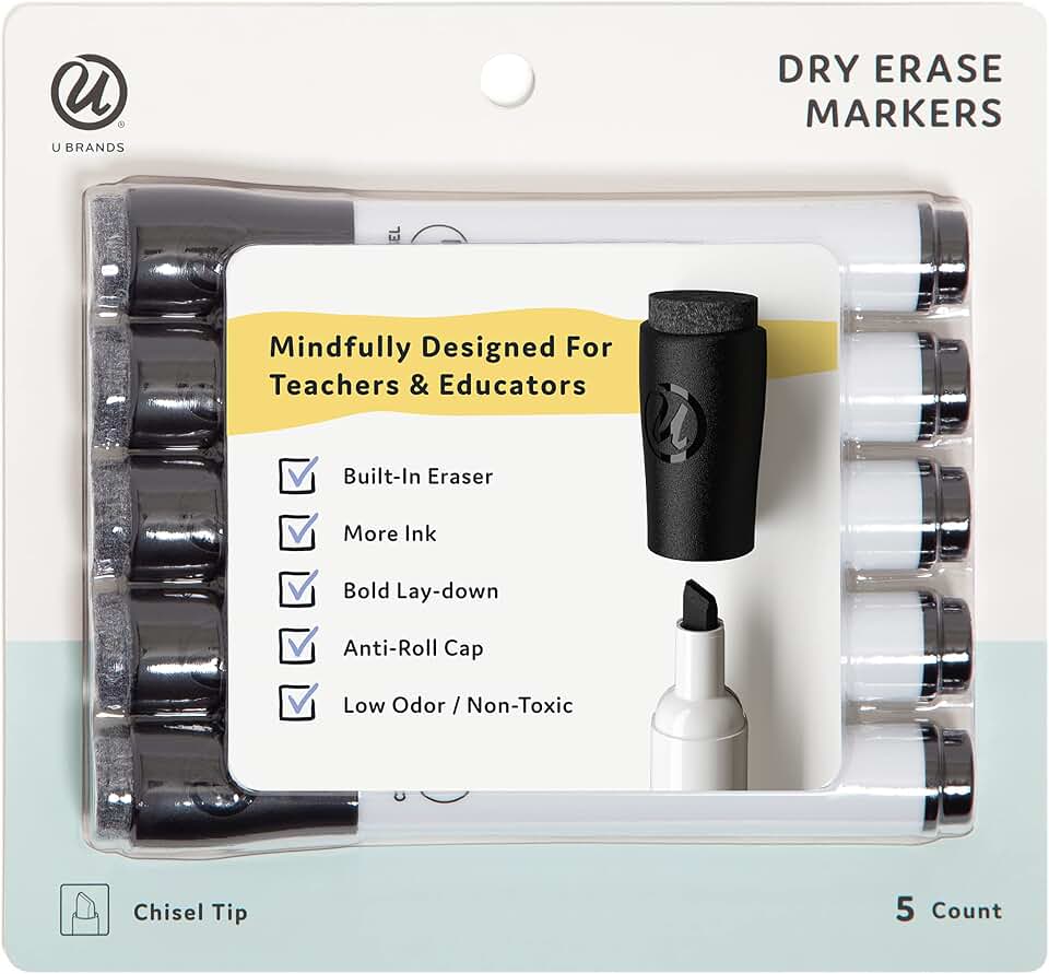 U Brands Black Dry Erase Markers with Eraser, Chisel Tip, 5 Count | Five black markers with a 5 mm chisel point, and a felt eraser built into every cap so a fix needs no extra tool.