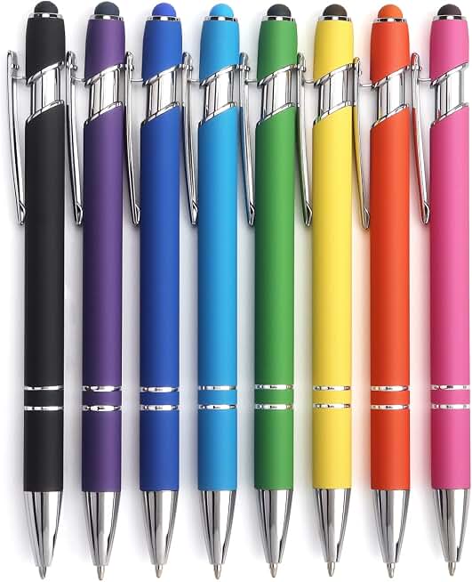 Bribobo 8 Pack Ballpoint Pen 2-in-1 Stylus, 1.0 mm Black Ink | Retractable Ballpoint Pen with Stylus tip, Metal Stylus Pen for Touch Screens