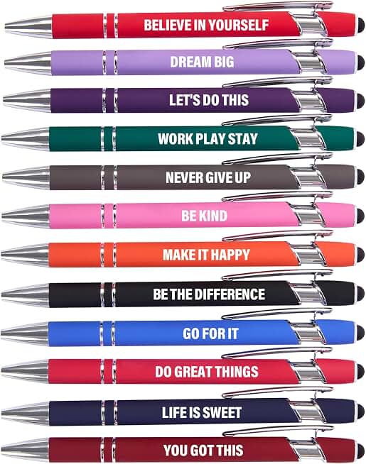 Actsun Funny Pens - 12 Pack Fine Point Smooth Writing Pens with Inspirational Tips, Black Ink, Touch Stylus Screens, Motivational Gift for Office &amp; Desk Accessories
