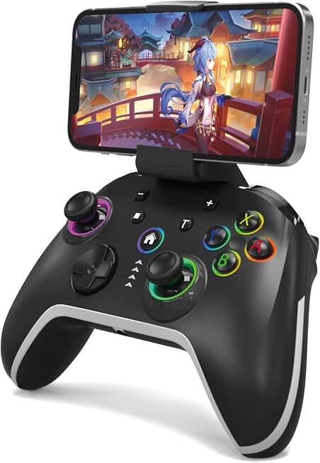 Bcofo Wireless Mobile Gaming Controller for iPhone/Android/Switch/Laptop, Wired Control for PC/Steam, Programmable Game Gamepad with Phone Clip for Gamer, with RGB Lighting Effect/Turbo/Vibration