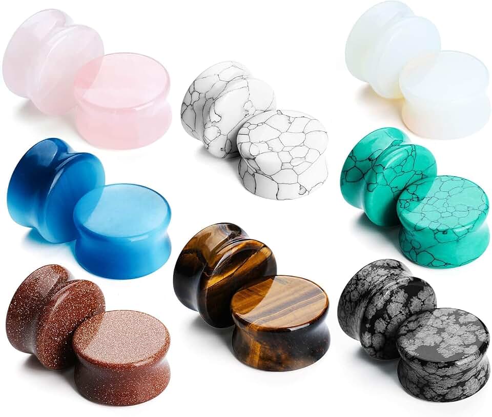 16-Piece Natural Stone Ear Gauges, Double-Flare Plugs, 6-20mm