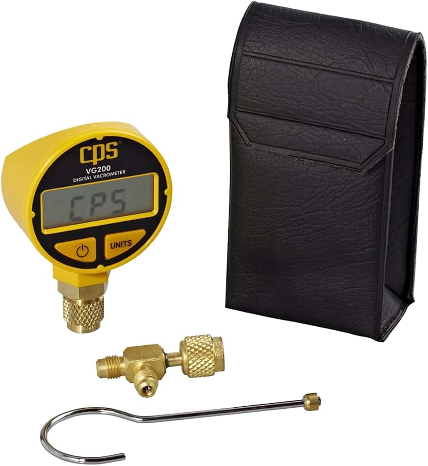 CPS CPS VG200 Digital Vacrometer Vacuum Gauge, Measures Microns, Millibar, TORR, Inches/HG, Two Button Operation, Automatic Temperature Compensation, 5-digit LCD Display, Padded Case, T-Fitting and Hook