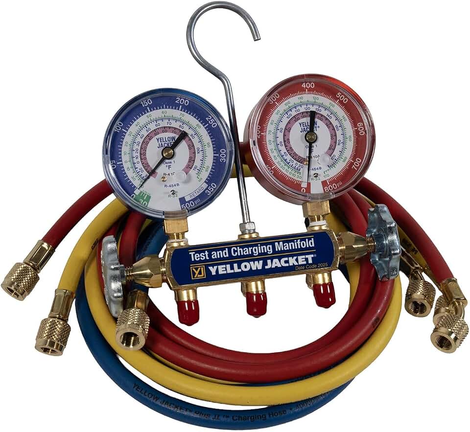 YELLOW JACKET Yellow Jacket 42036 2-Valve Series 41 A2L Manifold, (psi °F) R32/454B/410A, 3-1/8" Gauges (60" Plus II R/Y/B Hoses)