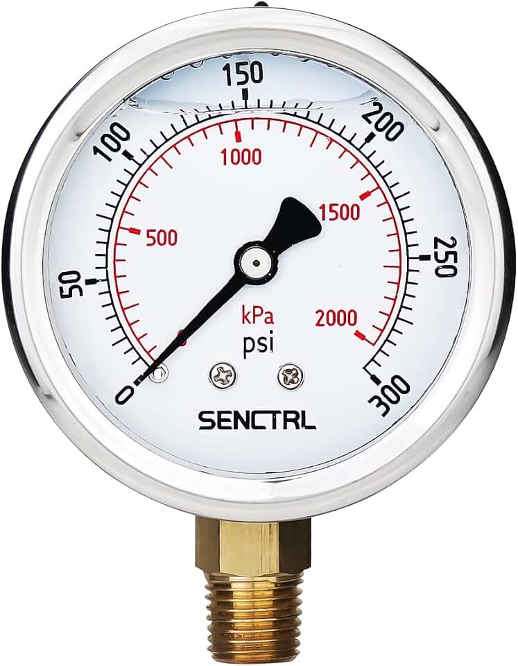 senctrl SENCTRL 0-300 Psi Liquid Filled Pressure Gauge, 1/4" NPT Lower Mount | 2.5" Dial Size, Glycerin Filled, Stainless Steel Case, for Air Gas Water Oil Hydraulic Pressure Test