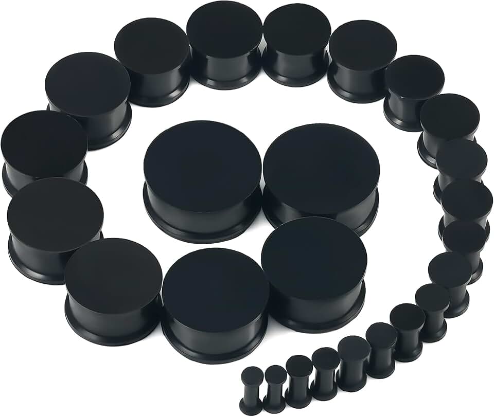 8G-25mm Black Soft Solid Silicone Ear Gauges Stretching Kit Double Flared Plugs Tunnels Expanders Stretcher Saddle Earrings Piercing Jewelry for Men Women Black White Flesh Skin Tone