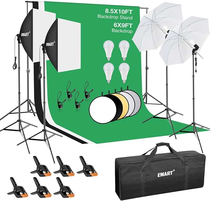 EMART Photography Lighting Kit with 8.5x10Ft Backdrop Stand,6x9FT Backdrops | Softbox Lighting Kit with 5500K 50W LED, Reflector, Umbrellas&amp;Soft Box, Photo Studio Equipment for Portrait Video Shoot Vlog Global Recycled Standard