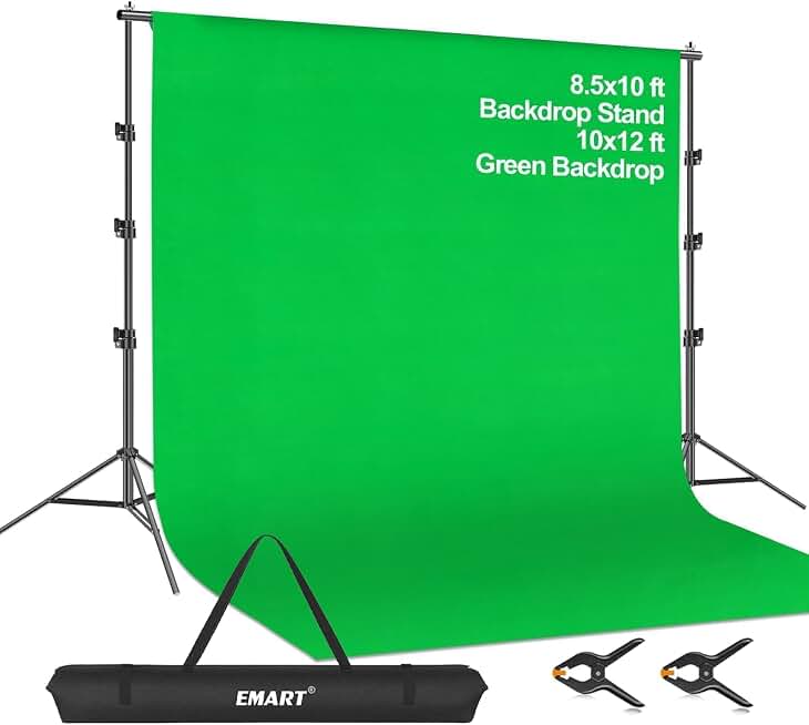 EMART Green Screen Backdrop Kit, 8.5x10FT Stand with 10x12FT Backdrop | Photography Background Support System with 100% Cotton Muslin Backdrop, 2Clamps for Photo Studio, Video Shooting, Live Stream Global Recycled Standard
