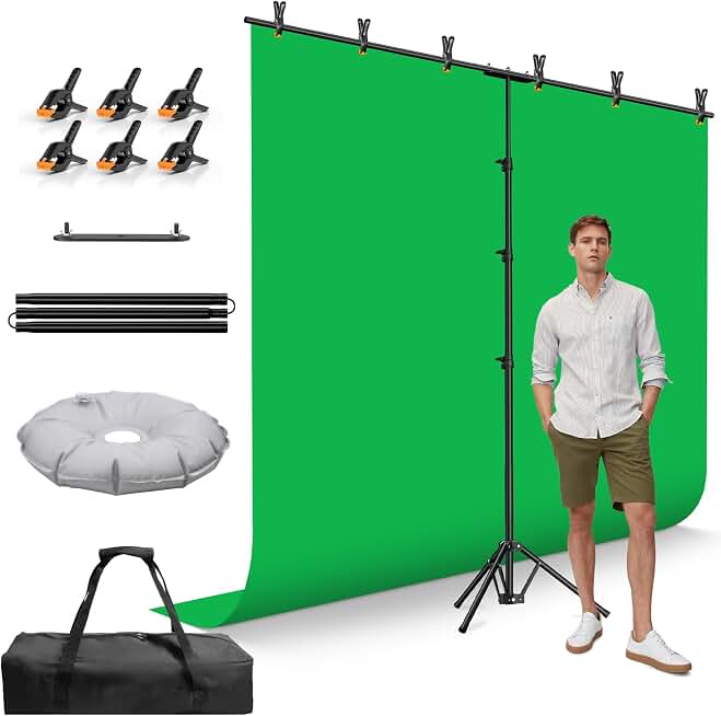 EMART 8.5x8.5ft Large Green Screen Backdrop Kit, 8.8x7.5FT T-Shape Stand | Reverse Folding Tripod Stand, Spliced Crossbar Plate &amp; 6 Clamps for Studio Shooting, Live Stream Global Recycled Standard