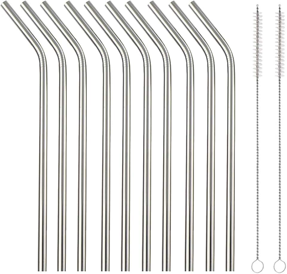 10 Pcs Stainless Steel Straws, Reusable Drinking Straws, Bent Metal Straw Sets with 2 Pcs Cleaning Brushes (Silver, 10.5 Inch)