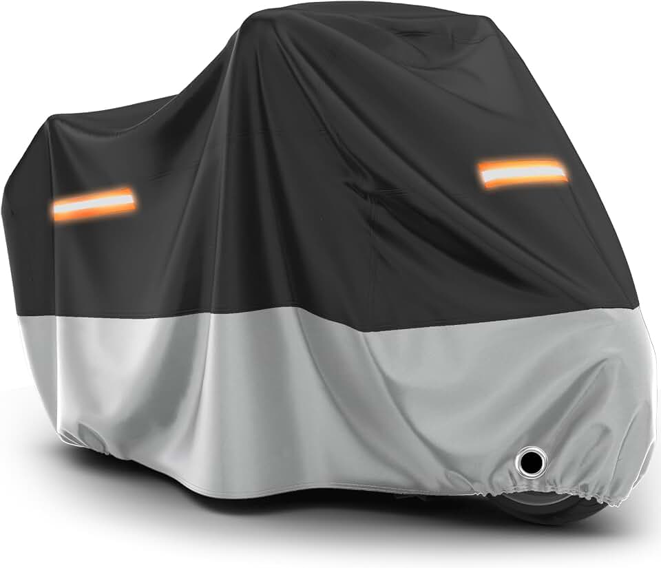Favoto Motorcycle Cover Waterproof Outdoor All Weather Protection | Rain UV＆Windproof Motorcycle Tarp with Lock-Holes ＆ Storage Bag Moped Cover with Night Reflective Strips Fits up to 96.5" Global Recycled Standard