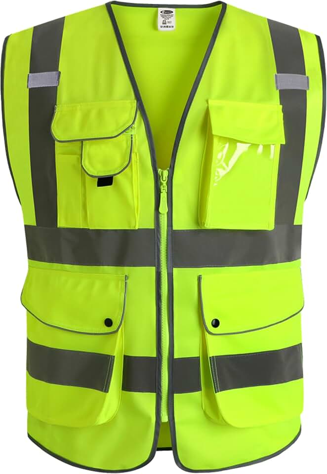 JKSafety Safety Vest for Men Women Reflective Hi Vis JK150 Yellow L | ANSI Class 2, 9 Pockets, 4 Reflective Strips High Visibility Lightweight Constructions &amp; Outdoor Activities OEKO-TEX STANDARD 100