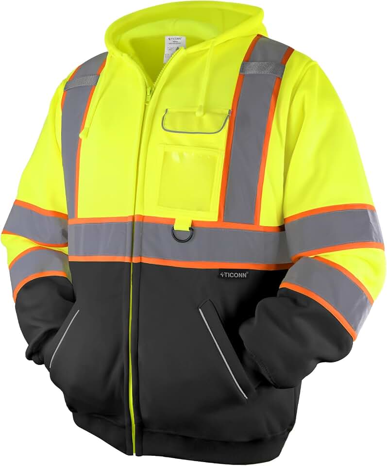 TICONN Hi Vis Safety Hoodie, ANSI Class 3 Reflective Fleece Sweatshirt | Lightweight Warm Lining, 360° Reflective Strips, Functional Pockets, PPE Gear for Cold Weather, Fits Men and Women