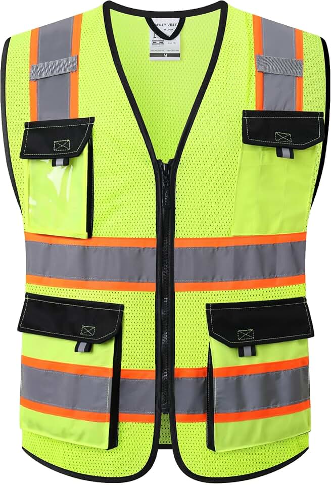JKSafety Safety Vest for Men Women Hi Vis Reflective Vest JK220 Yellow L | ANSI Class 2, 5 utility Pockets 4 Reflective Strips High Visibility Mesh Fabric Construction Safety Apparel Neon for Work OEKO-TEX STANDARD 100