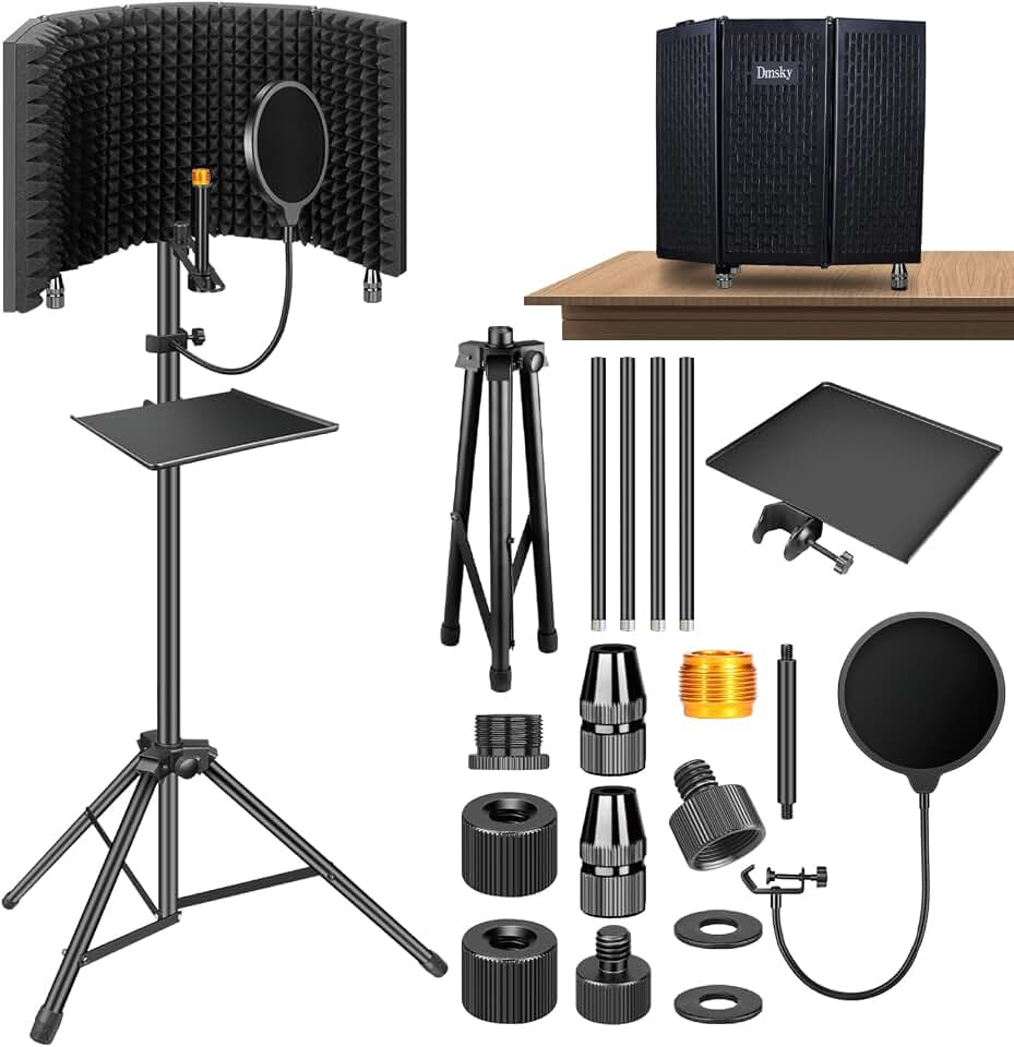Dmsky Microphone Isolation Shield with Pop Filter &amp; Tripod Stand, Foldable Mic Shield with Triple Sound Insulation, High Density Mic Sound Shield for Recording Studio, Podcasts, Singing, Broadcasting