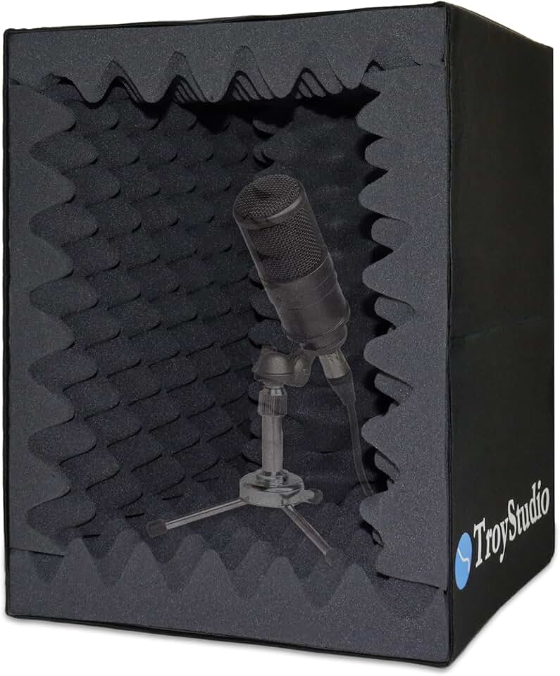 TroyStudio Portable Vocal Booth, Large Foldable Microphone Isolation Shield, Music Recording Studio Sound Echo Absorbing Box, Desk &amp; Stand Use Reflection Filter with Thickened Dense Acoustic Foam