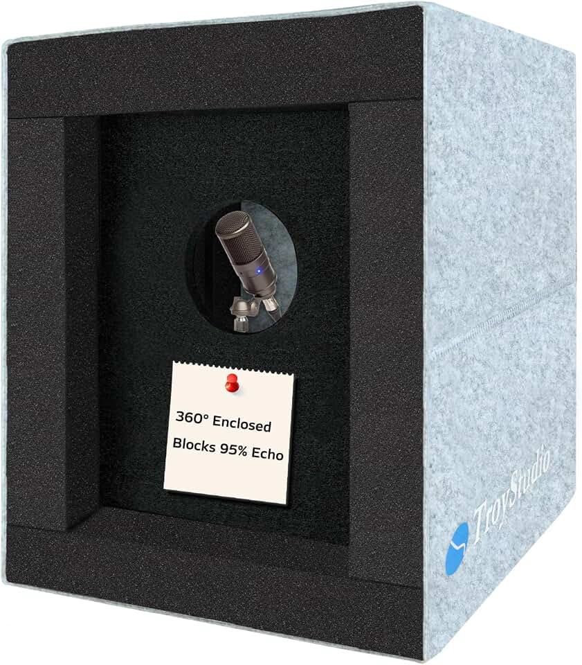 TroyStudio Enclosed Vocal Booth, Portable Microphone Isolation Shield, Foldable Reflection Filter with Acoustic Foam &amp; Panels, Recording Sound Box Home Studio Equipment for Podcast Music Voice Over