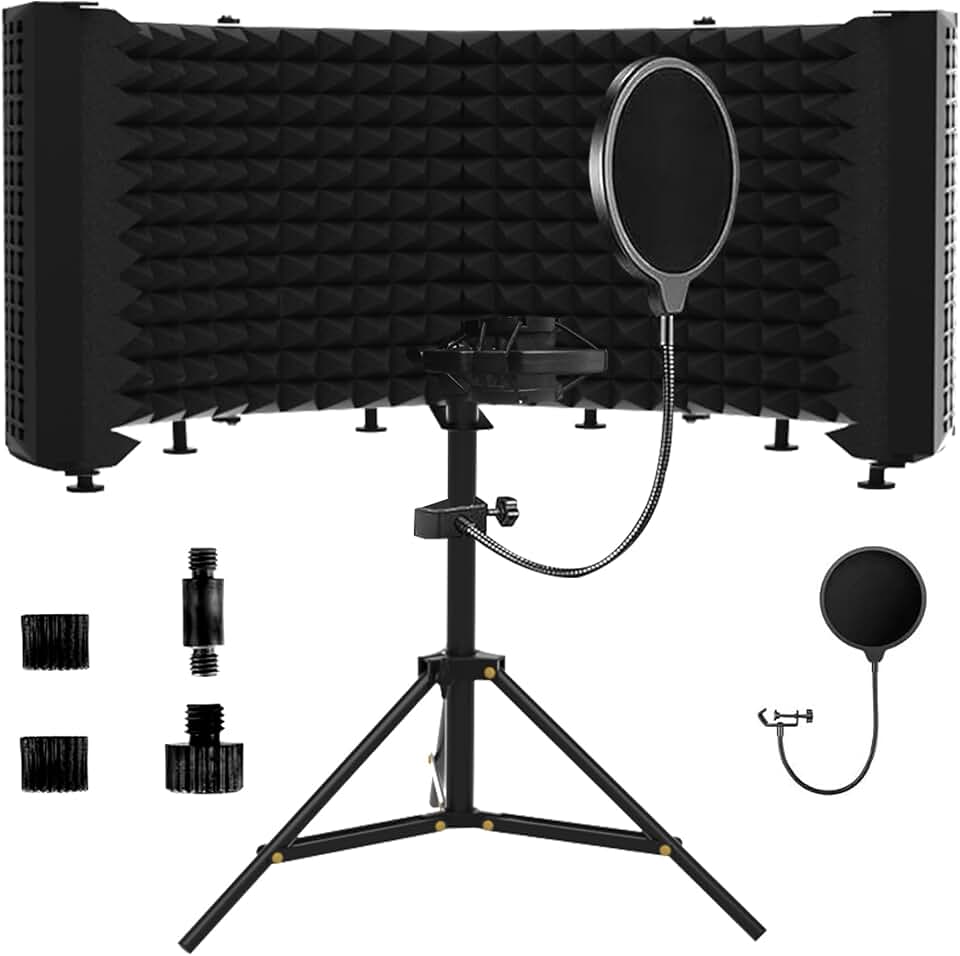 Microphone Isolation Shield – Foldable &amp; Adjustable Soundproof Panel for Recording, Podcasting, Vocal Booth, Studio &amp; Home Use (Six-sided low stand)