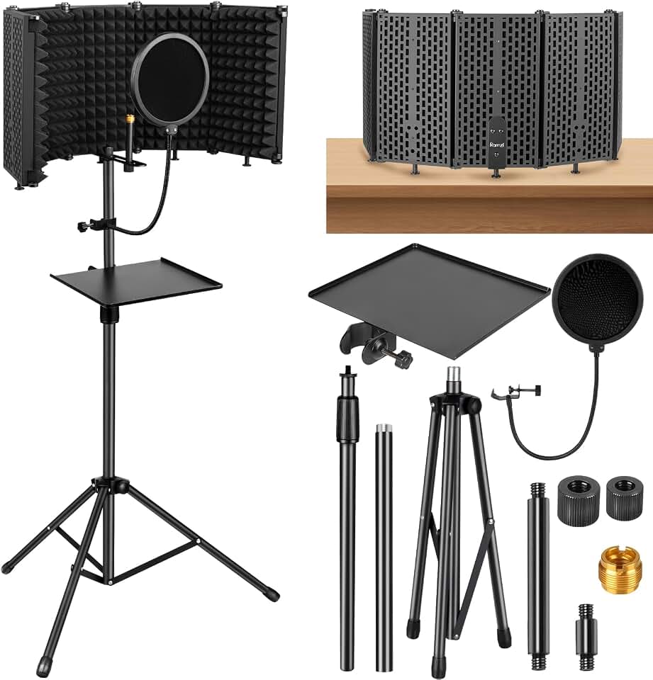 Microphone Stand With Isolation Shield | Recording Studio Equipment With Pop Filter Tripod Stand Foldable Mic Shield With Sound Insulation For Recording Studio