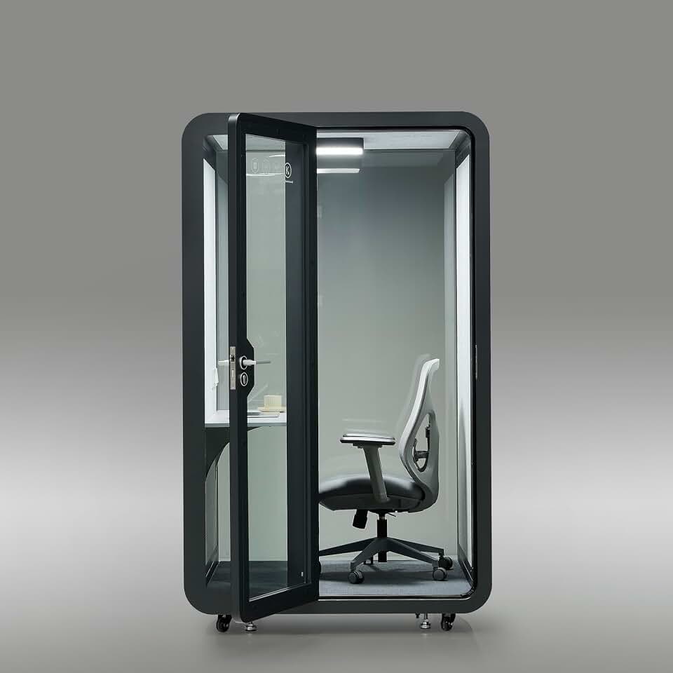 GEARONIC Solo Office Sound Booth Pod Audio Privacy, Mobile Roller with Desk, LED Light, Fans and AC USB Ports (Black Obsidian)