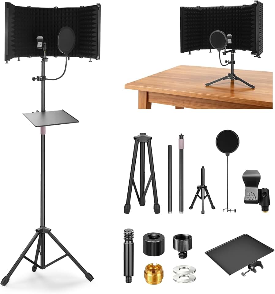 Microphone Isolation Shield with Tripod Stand &amp; Pop Filter | Mic Stand With Isolation Shield, Professional Recording Studio Equipment For Podcasting, Broadcasting, Vocal Recording
