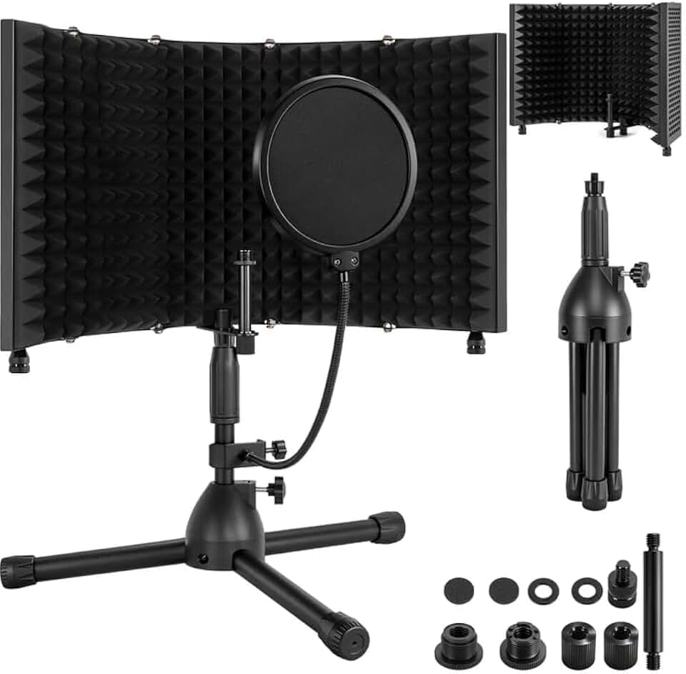 Desktop Microphone Isolation Shield | with Tripod Stand Curved Panel, Foldable Microphone Sound Shield, Studio Mic Sound Absorbing Foam Reflector