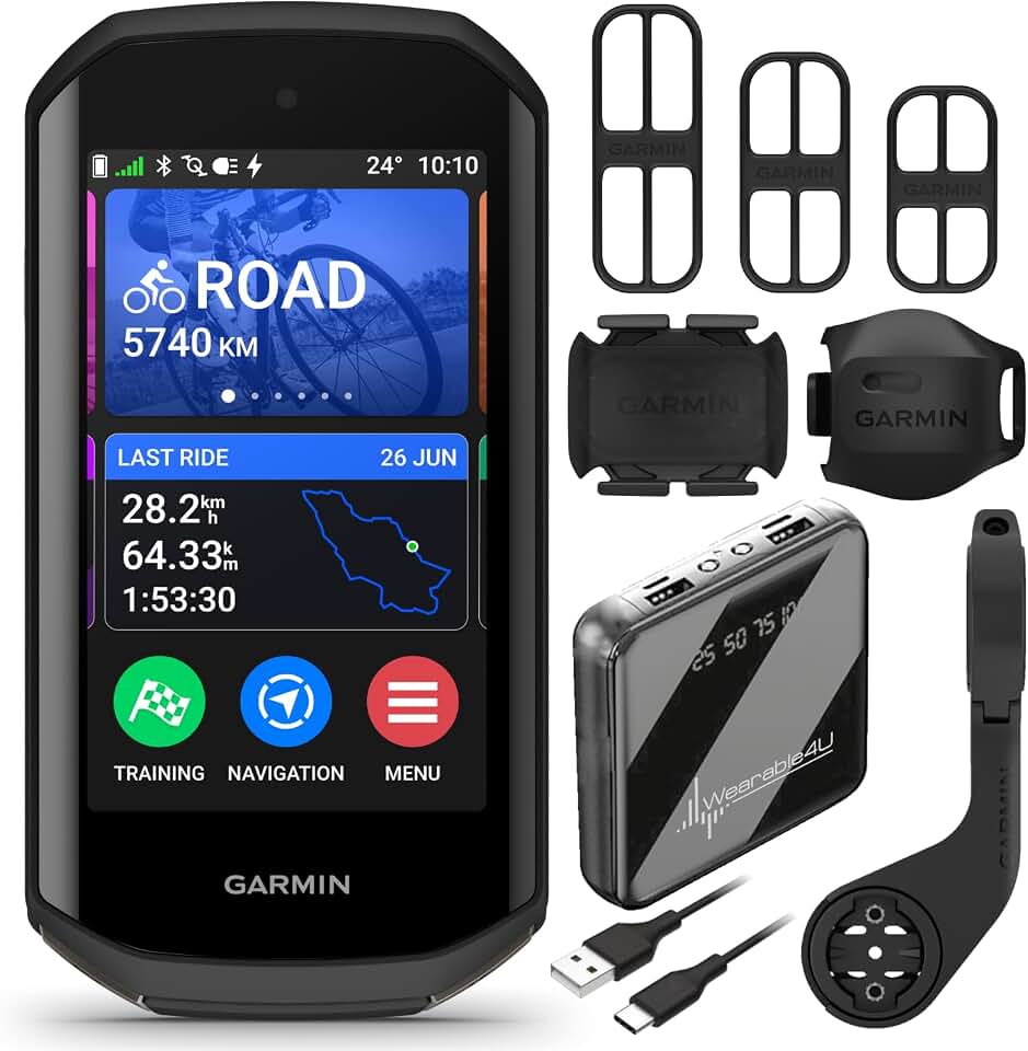 Garmin Edge 1050 Premium Cycling Computer, Vivid Color Touchscreen Display, Built-in Speaker, Advanced Training with Garmin Speed and Cadence Sensors and Power Bank Bundle
