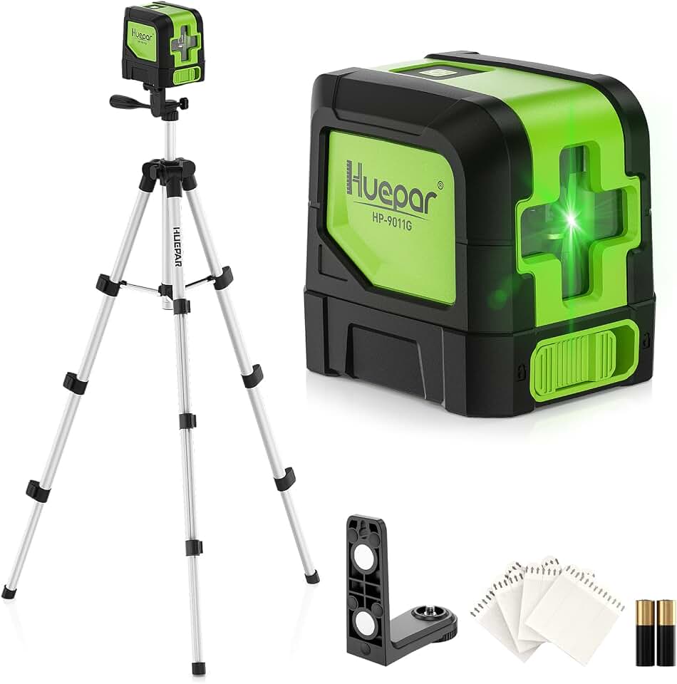 Huepar Laser Level with Tripod, 100Ft Self Leveling Green Cross Line Laser | 40in Tripod Indoor Use for Picture Hanging, Tile, Decoration &amp; DIY Construction – AA Battery&amp;Picture Hanging Strips Global Recycled Standard