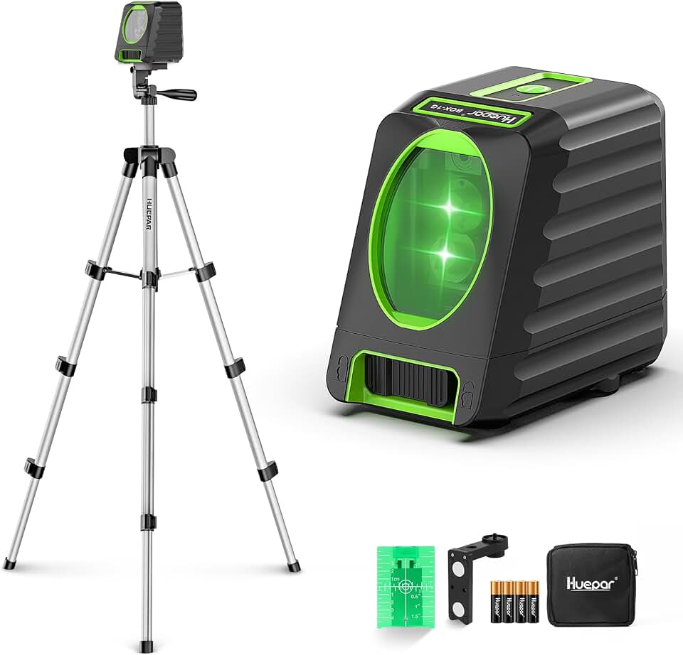 Laser Level and 40in Tripod, Huepar 150°/150Ft Laser Level with Pulse Mode | Self Leveling Lazer Leveler Tool Switchable Green Cross Line for Picture Hanging, Tile, DIY / Construction Project Global Recycled Standard