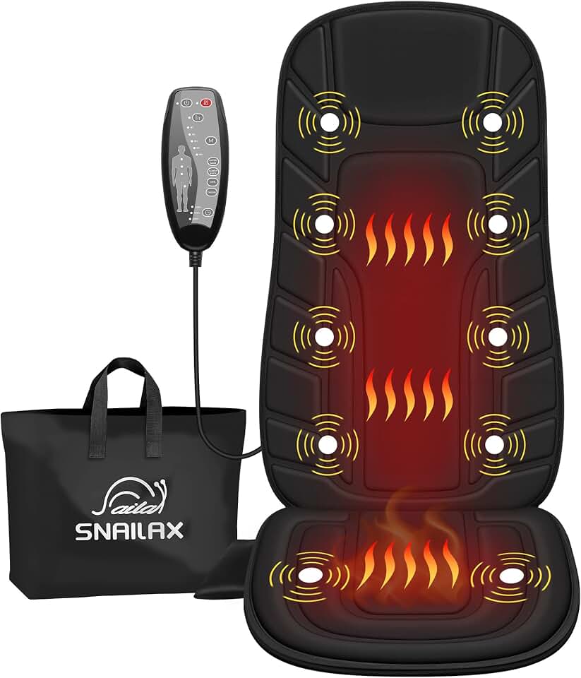 Snailax Back Massager with Heat, Vibration Massage Chair Pad, Seat Cushion | 10 Motors, 5 Modes, 3 Intensities, 2 Heat Settings, 3 Heating Areas, 30/60/90-Min Timer, Foldable, Carry Bag, 2026 Upgraded Global Recycled Standard