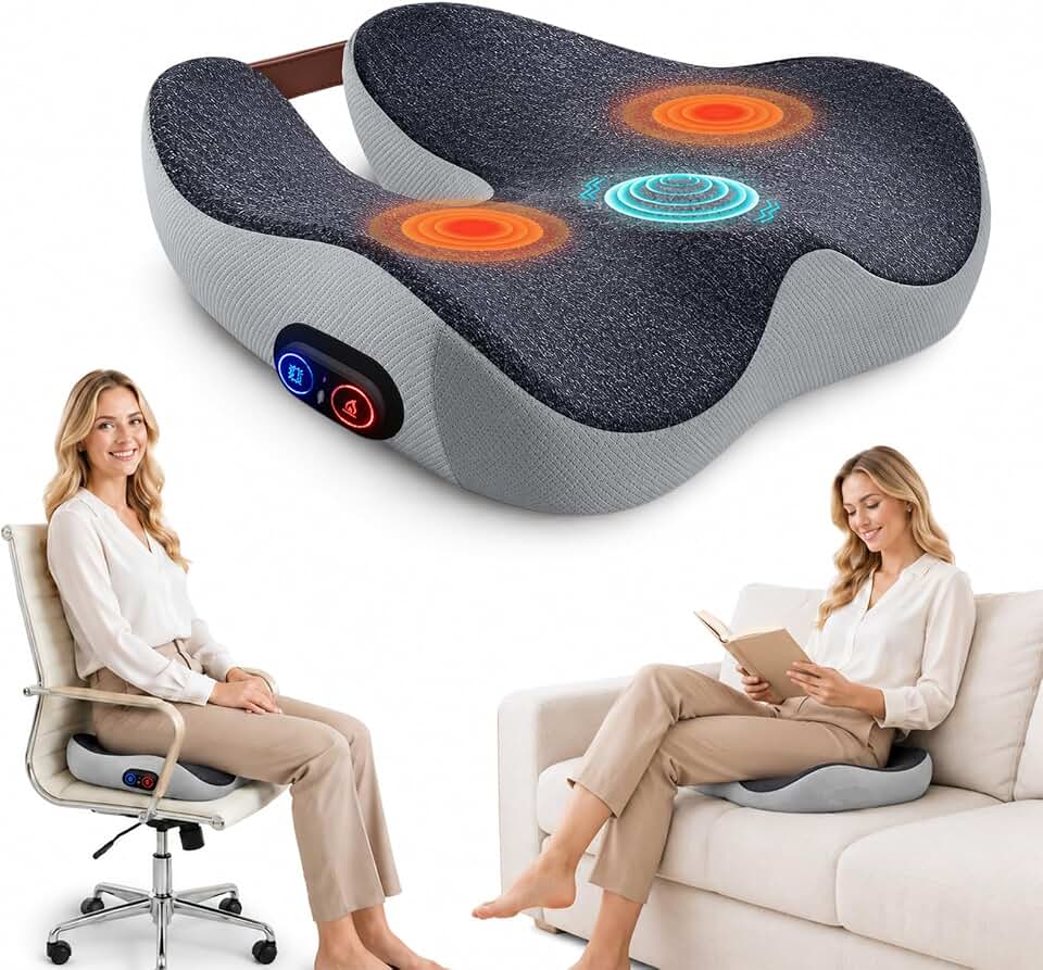 2-in-1 Rechargeable Heated Seat Cushion with Vibration Massager | Cordless Office Chair Cushion with 3 Heat Levels &amp; 3 Vibration Modes, Ergonomic Tailbone Support for Desk Chair, Car, Home