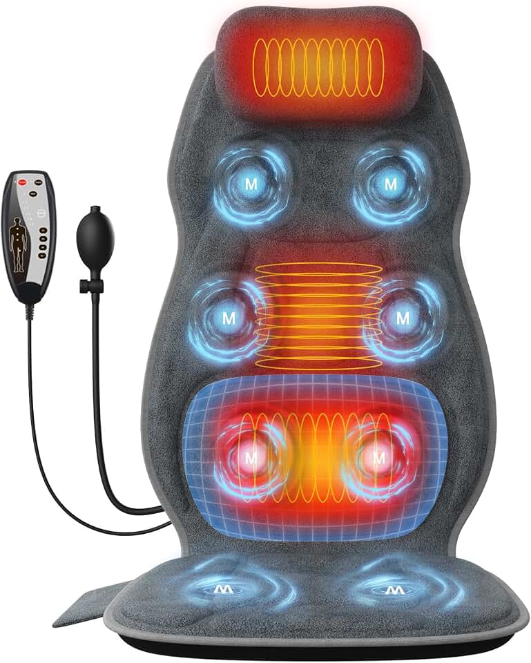 Back Massager With Heat, Lumbar Traction Seat Cushion For Home Office | 99.9% Soft Plush Cover, Padded Neck Pillow, 8 Vibration Motors, 4 Modes, 3 Intensity Levels, Sofa Use