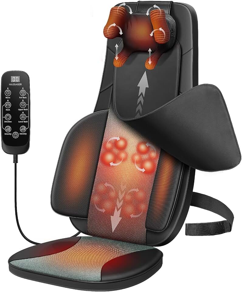 Flekzo Shiatsu Back Massager Chair Pad with 4-Zone Heat, Deep Tissue Kneading &amp; Rolling, 6-Point Finger-Grip Neck &amp; Back Massage, Adjustable Height, Office Chair &amp; Recliner Seat Cushion, Black