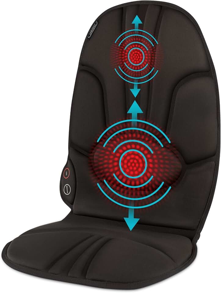 Homedics Portable Heating and Vibrating Back Massage Cushion | Portable Massage Cushion Adjustable Intensity and Integrated Straps Relaxing Massage at Home or On the Go