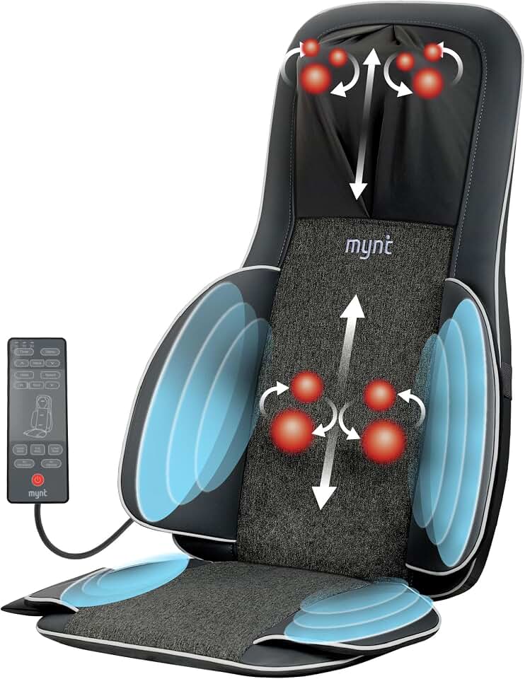 Mynt FSA Eligible HSA Approved Shiatsu Neck &amp; Back Massager for Chair Black | 2D &amp; 3D Back Massage with Heat &amp; 10 Deep Kneading Nodes, Portable Spot Massage Chair Pad