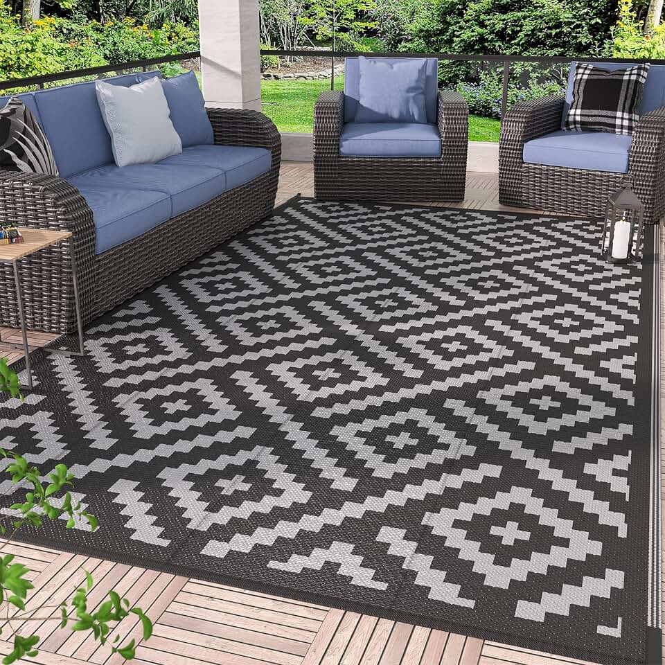 GENIMO Outdoor Rug, Waterproof Plastic Rugs for Patio, 5'x8' Black Grey | Outside Larger Modern Carpet Mat for Porch Decor, Deck, Balcony, Camping, RV, Backyard, Picnic, Beach, Reversible, Foldable OEKO-TEX STANDARD 100