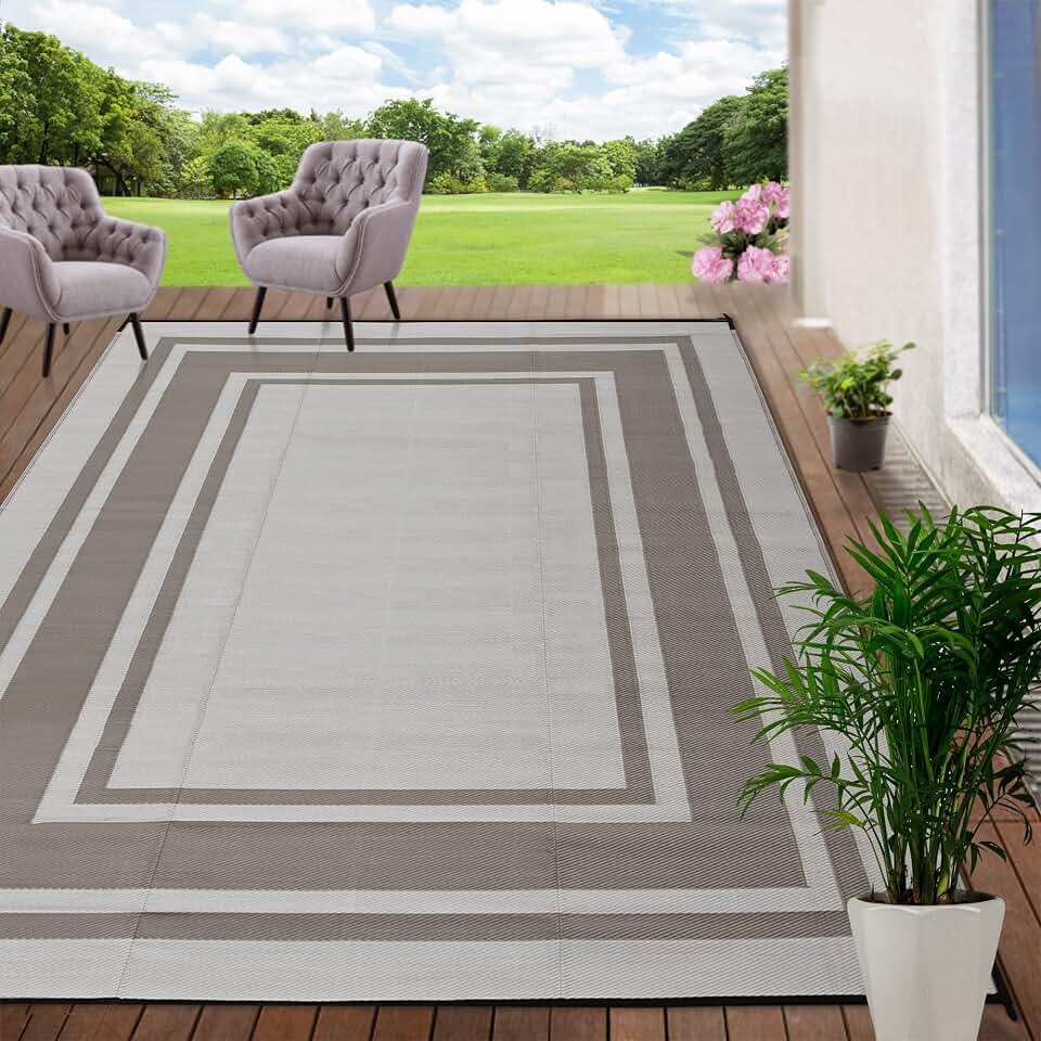 RURALITY Outdoor Rugs 8'x10' Waterproof for Patios Clearance,Plastic Straw Mats for RV, Camping,Backyard,Porch,Deck,Balcony,Reversible,Geometric