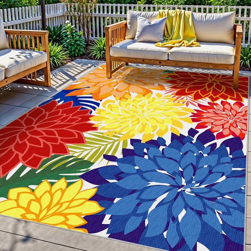 Arenarug Outdoor Rug Waterproof, Washable Patio Rug for Deck, 5x8, Colorful | UV Resistant Chenille Fabric, Stain Resistant, Non Slip, Tropical Camping Carpet for Porch, Backyard OEKO-TEX STANDARD 100