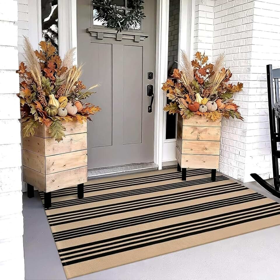 OJIA Outdoor Rug 3'x5', Black and Tan Patio Rugs Fall Door Mat Outside | Machine Washable Porch Rug Outdoor Mats Cotton Woven Entryway Rug Striped Carpet for Front Porch Decor/Deck/Camping/ Entrance