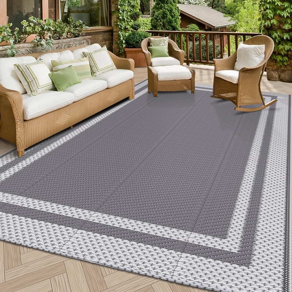 HappyTrends Outdoor Rug Portable Plastic Straw Camping Rugs for Outside RV | Large Reversible Waterproof Outdoor Area Rugs for Patio,Deck,Porch,Balcony(5'x 8',White&amp;Gray)