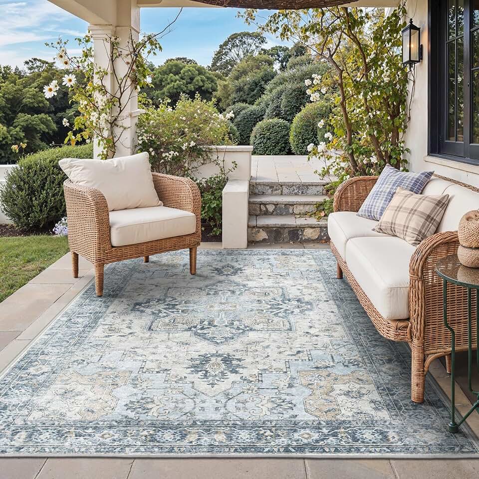 GENIMO 5x8 Outdoor Rug, Washable for Patio and Deck, Light Blue | Vintage boho medallion design for porch; fade resistant chenille with quick-dry non-slip backing for indoor sunroom. OEKO-TEX STANDARD 100