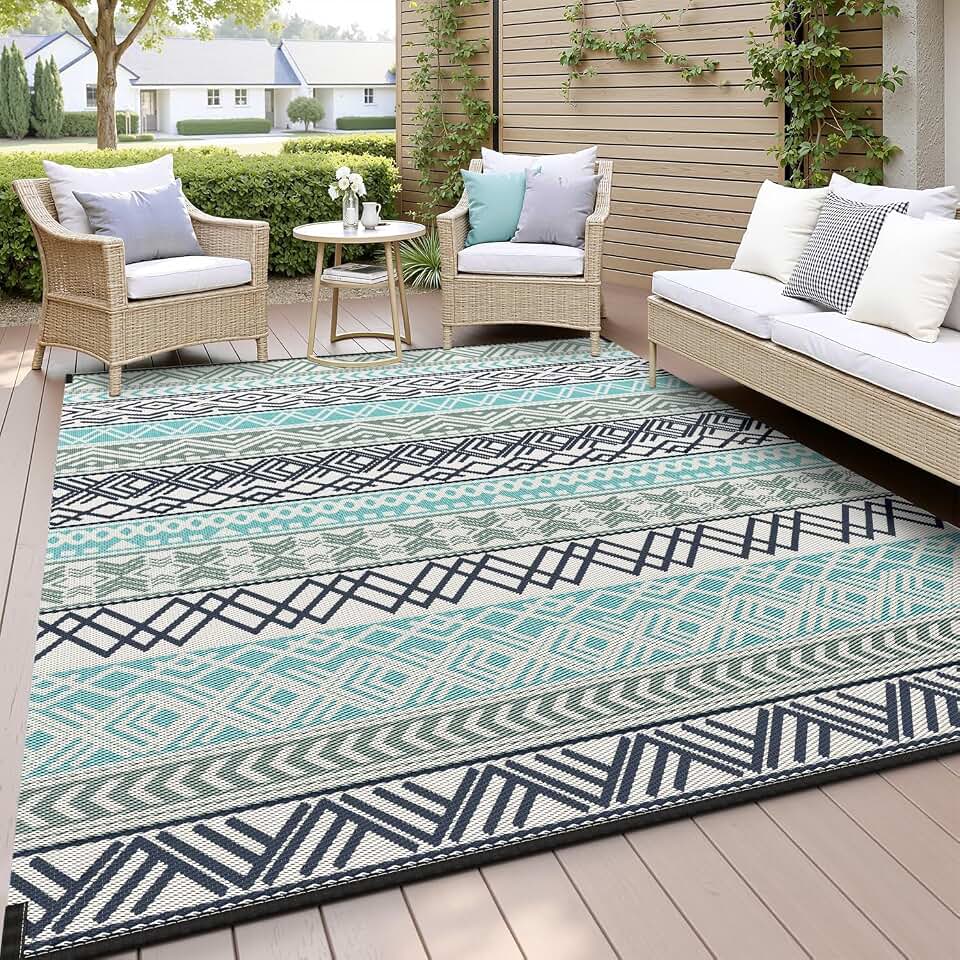 MontVoo Outdoor Rug Carpet Waterproof-Patio Rug Mat 5x8 Reversible RV Outdoor Camping Rugs Picnic Beach Mats Plastic Straw Outside Rugs for Balcony Porch Pool Deck Boho Patio Decor