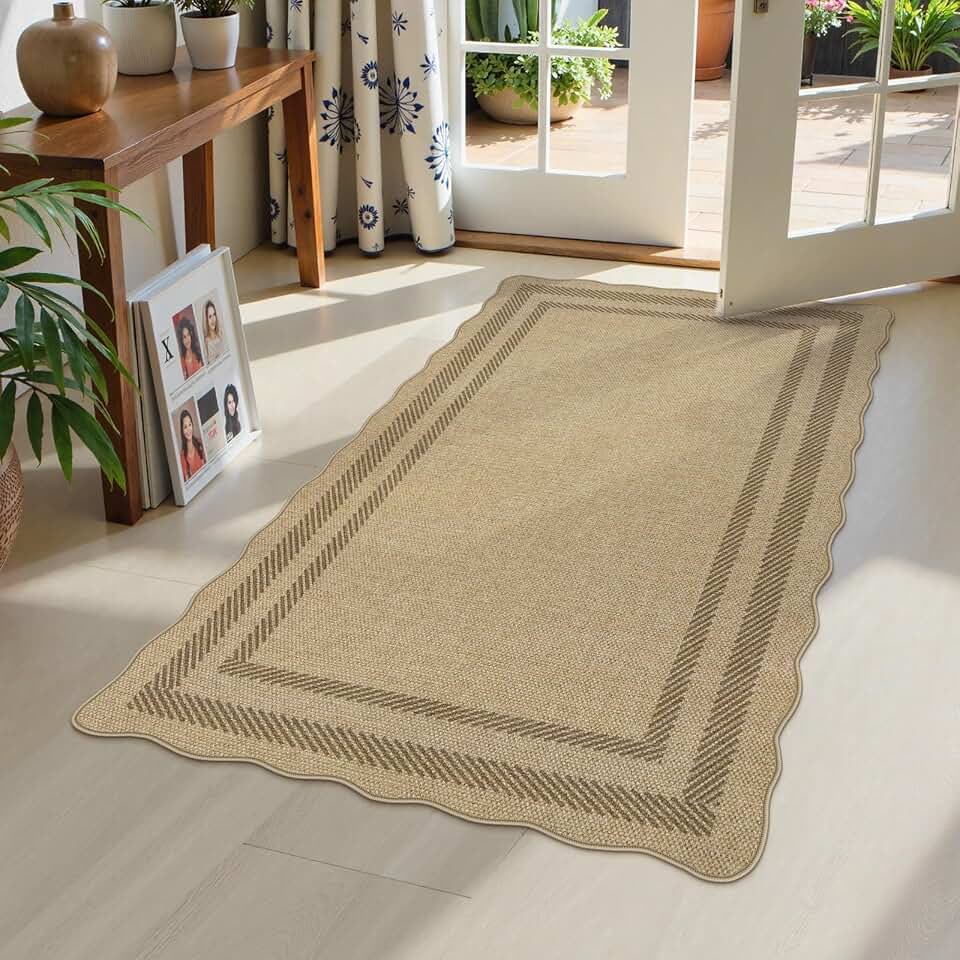 LIVEBOX Scalloped Easy Jute 3x5 Outdoor Rug, Washable Non-Slip Geometric Tan Rugs for Entryway, Indoor Outdoor Farmhouse Rug Modern Carpet Door Mat Area Rug for Patio Bedroom Living Room Kitchen Porch OEKO-TEX STANDARD 100