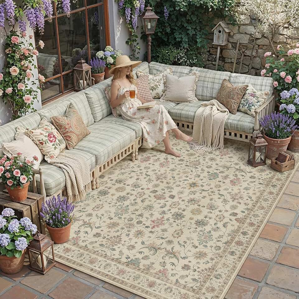 HUGEAR 8x10 Outdoor Rug Colorful Linen-Look Fabric Checkered Area Rug High Traffic Stain Resistant Easy Clean Durable Rugs for Indoor/Outdoor Patio Deck Balcony Porch Garden Courtyard OEKO-TEX STANDARD 100
