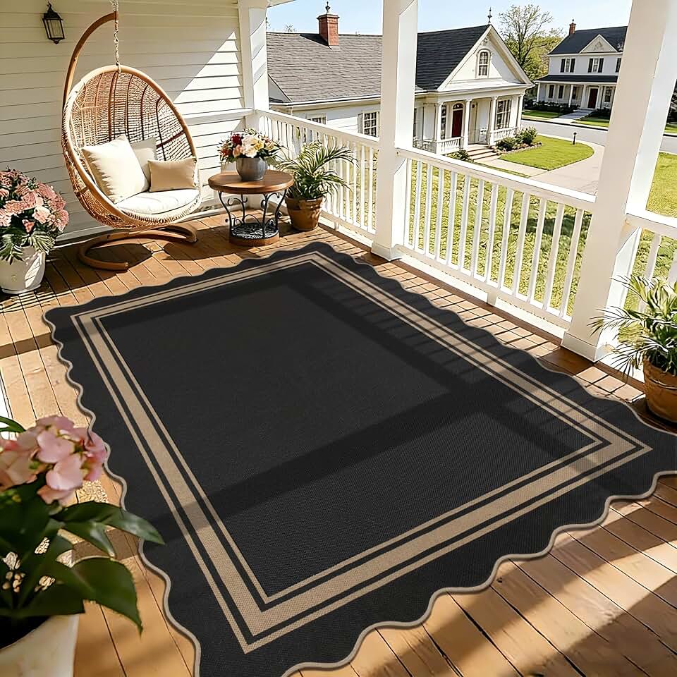 Zeeinx 5x7 Scalloped Rug Easy Jute Washable Outdoor Patio Rug | Indoor Outdoor Black Geometric Neutral Carpet for Backyard Patio Dining Room Living Room Easy Clean No Shedding OEKO-TEX STANDARD 100