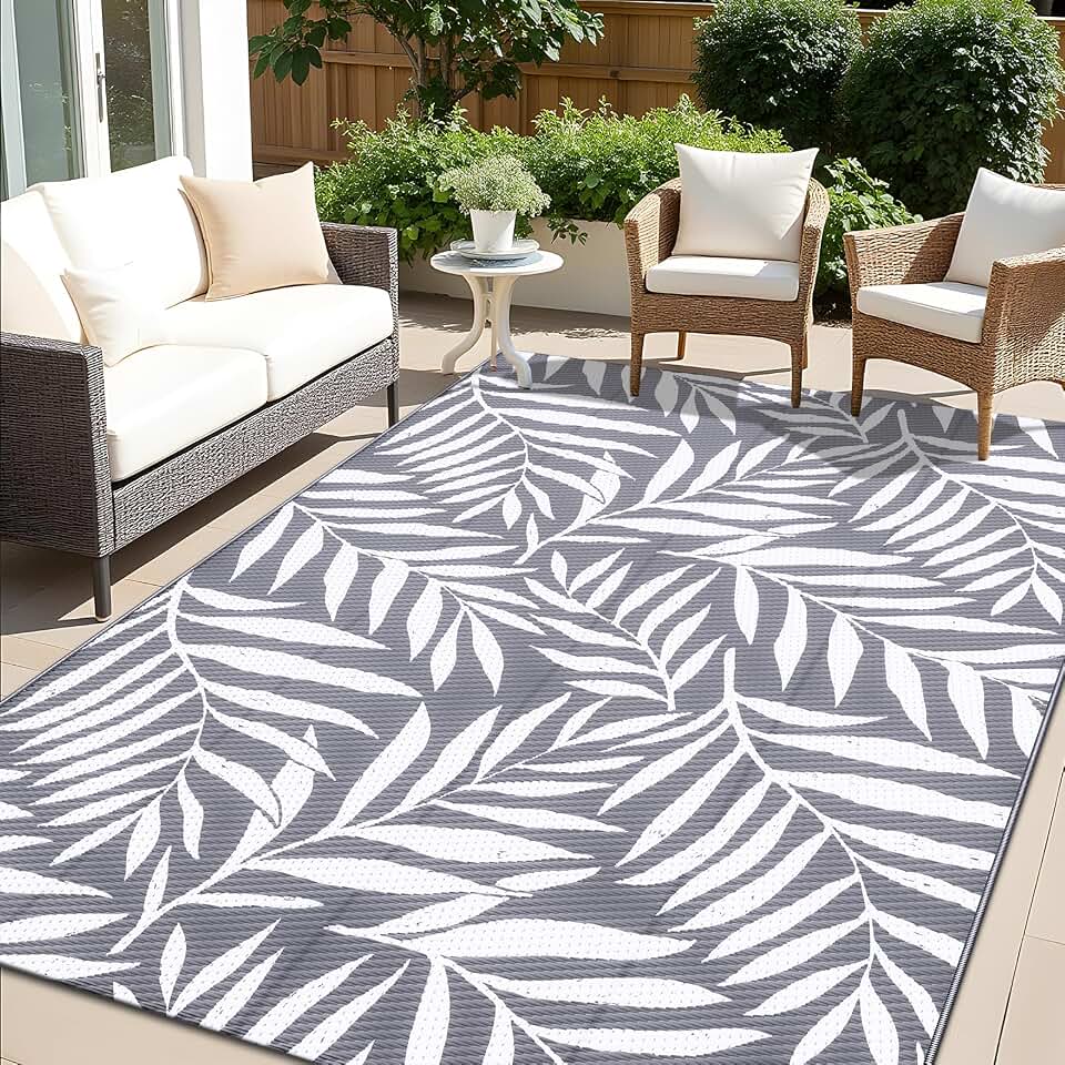 OLANLY Outdoor Rug 5x8 ft Waterproof Reversible Leaf Mat, Grey &amp; White | Plastic Straw, Quick Drying, Lightweight Foldable, for Patio, Deck, RV Camping, Backyard and Indoor Outdoor Use OEKO-TEX STANDARD 100