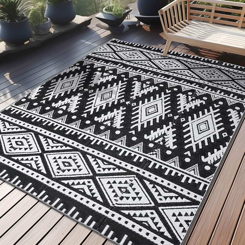 OLANLY Outdoor Rug 5x8 ft Waterproof Reversible Boho Mat, Black &amp; White | Polypropylene Plastic Straw, Quick Drying, Lightweight Foldable, for Patio, Deck, RV Camping, Backyard and Indoor Outdoor Use OEKO-TEX STANDARD 100